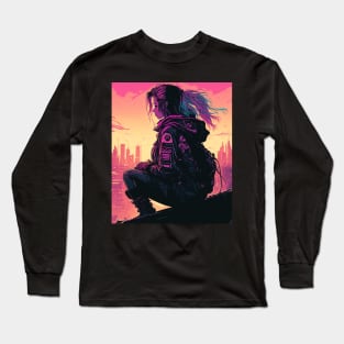 Cyberpunk Girl Looking At Dystopian City Long Sleeve T-Shirt